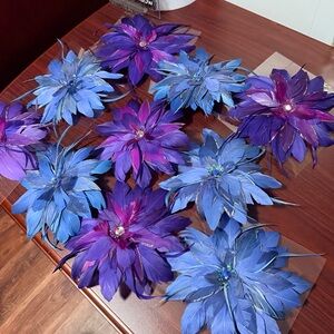 Blue/Purple Large Feather Flowers, Clip On Ornament/Whimsy Decor, 10 flowers